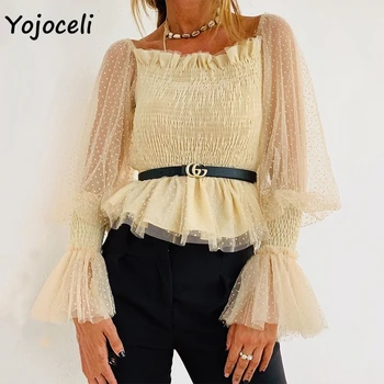 

Yojoceli 2019 trendy mesh dot lace blouses shirt women square neck ruffle blouses sexy female blusas