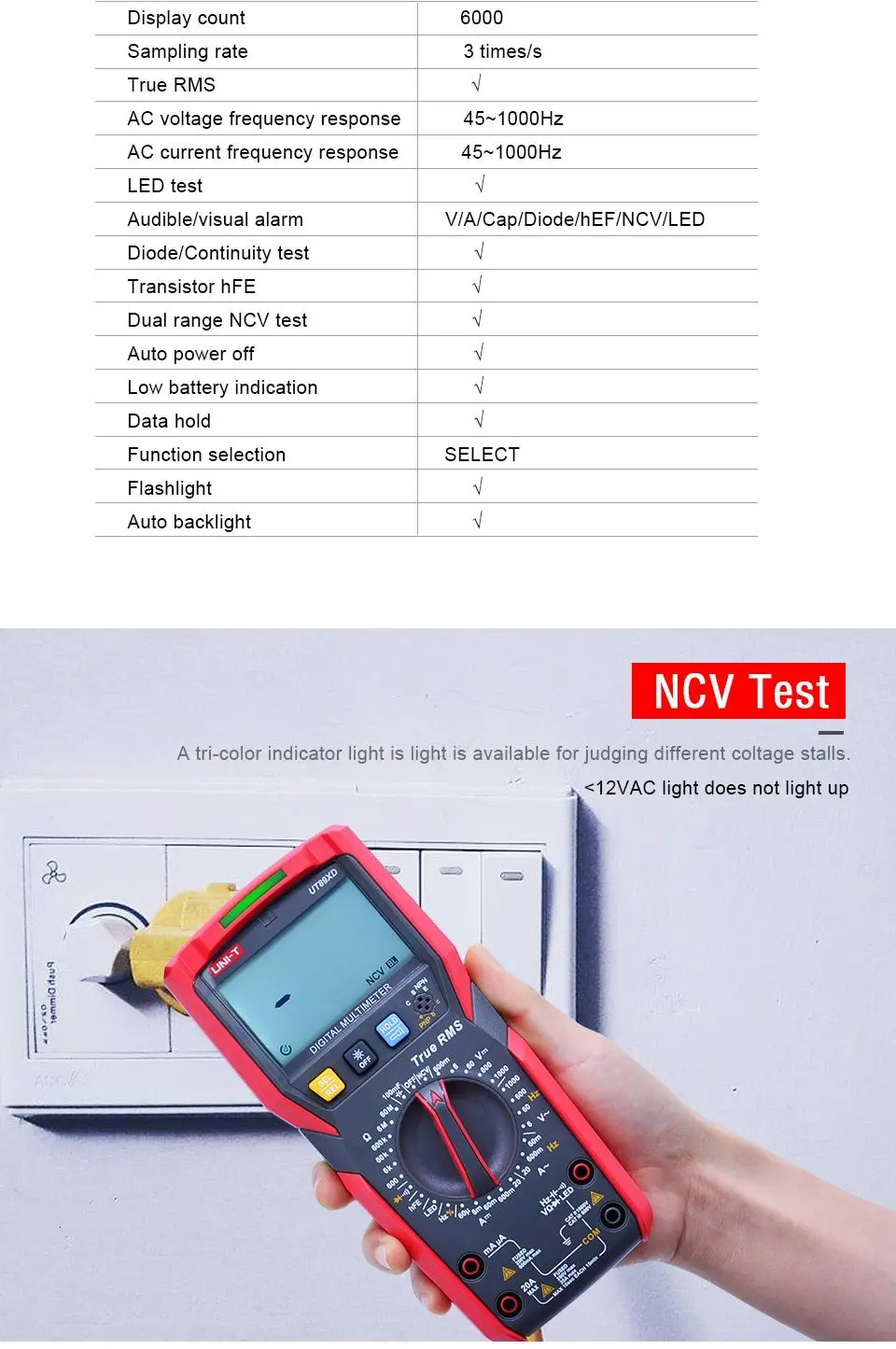 UNI-T UT89XD True RMS цифровой мультиметр; ac dc Вольт Ампер Ом метр; Емкость Сопротивление частоты светодиодный тестирование; Удержание данных/NCV