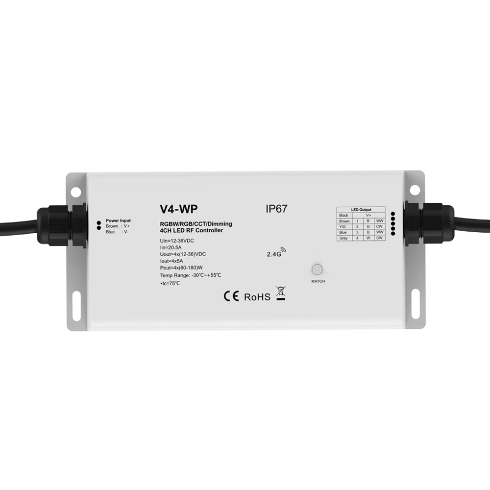 

IP67 waterproof Max 720W 2.4G RF LED wireless Receiver Support single Dual color RGB RGBW led lights strip 5A/CH DC 12V 24V 36V