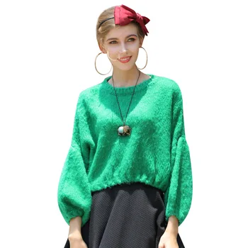 

Mohair Pullover Lantern Sleeved Loose Sweaters Women Elegant O-Neck Knitted Short Tops 2019 Autumn Winter Green Female Clothing