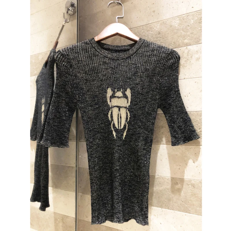 

Short Sleeve Sweater, Round Collar And Round Collar, For Women To Wear, Elastic, Slim, Wool And Cotton