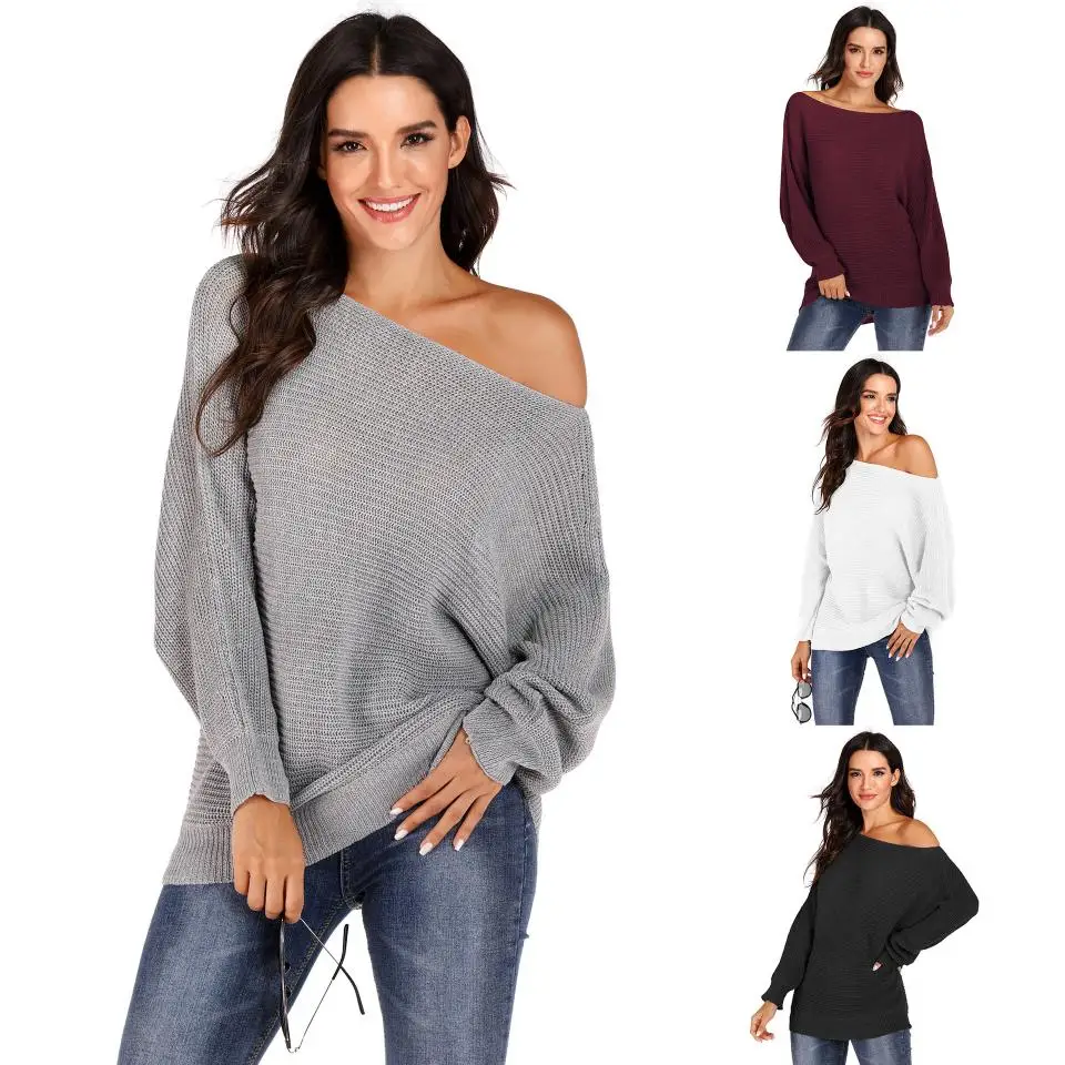 

Knitwear Off Shoulder Autumn Winter Sweaters Streetwear Fashion Lantern Sleeve Solid Jumpers Basic Pullover Hot Selling