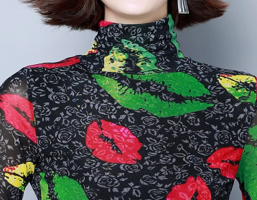 Женские топы с принтом и блузки Мода с длинным рукавом водолазки Блузка для офиса Корейские женщины Зимние повседневные топы Плюс размер