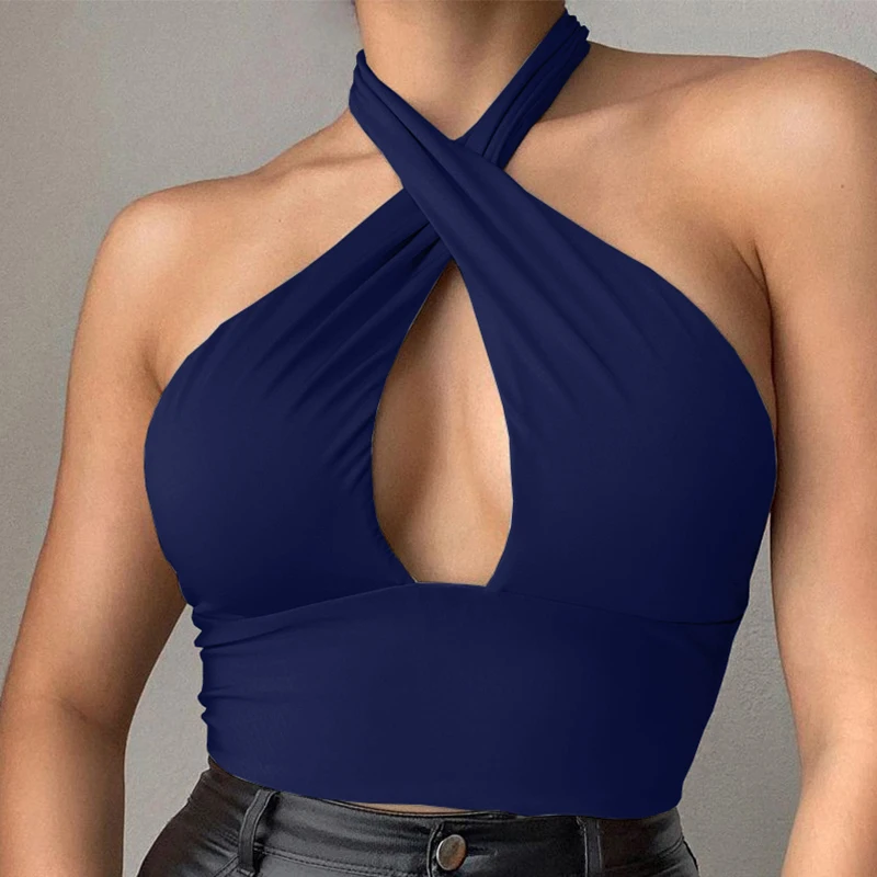 Summer Women Strappy Cross Over Front Cut Out Halter Neck Sleeveless Backless Crop Top Solid Vest Sexy Tops Halter tunics 