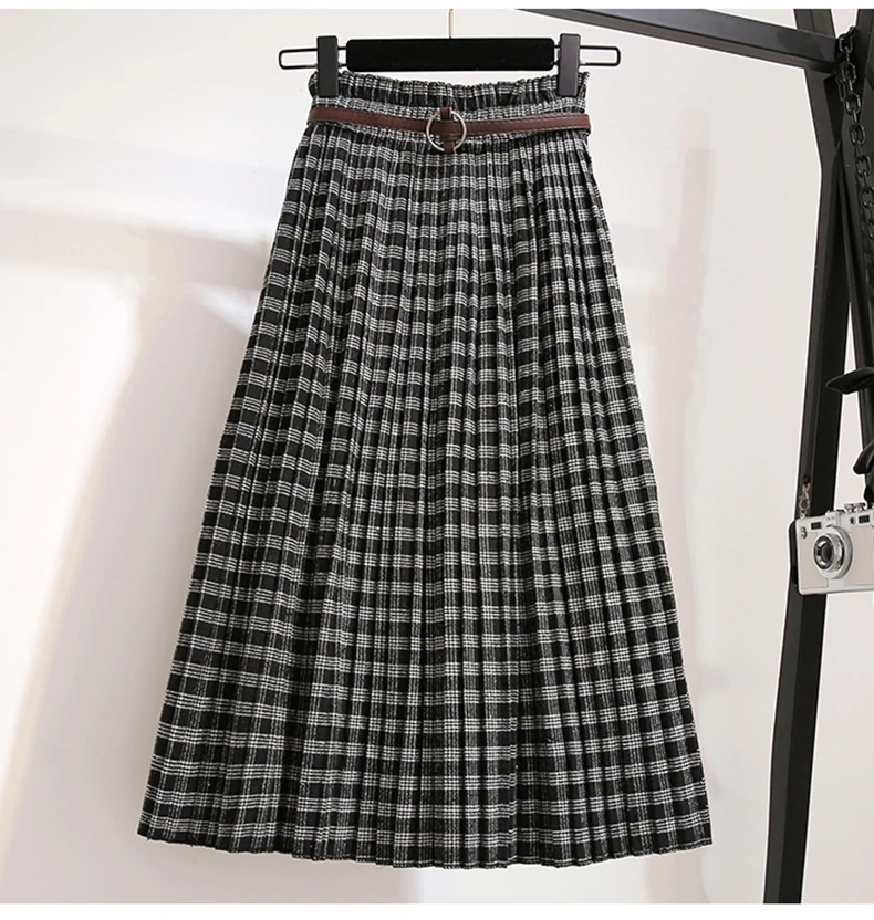 Plus Size 3XL Autumn Winter Women Wool Skirts Plaid Mid Skirts 2019 Casual Loose Ladies Office Skirts Elastic Waist Sashes (6)