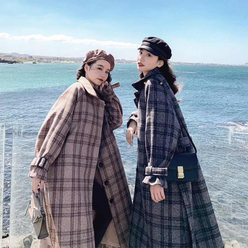 Шерстяное пальто в клетку для фотосессии, женское, средней длины, зима, стиль, корейский стиль, свободный крой, талия, на шнуровке, шерстяное