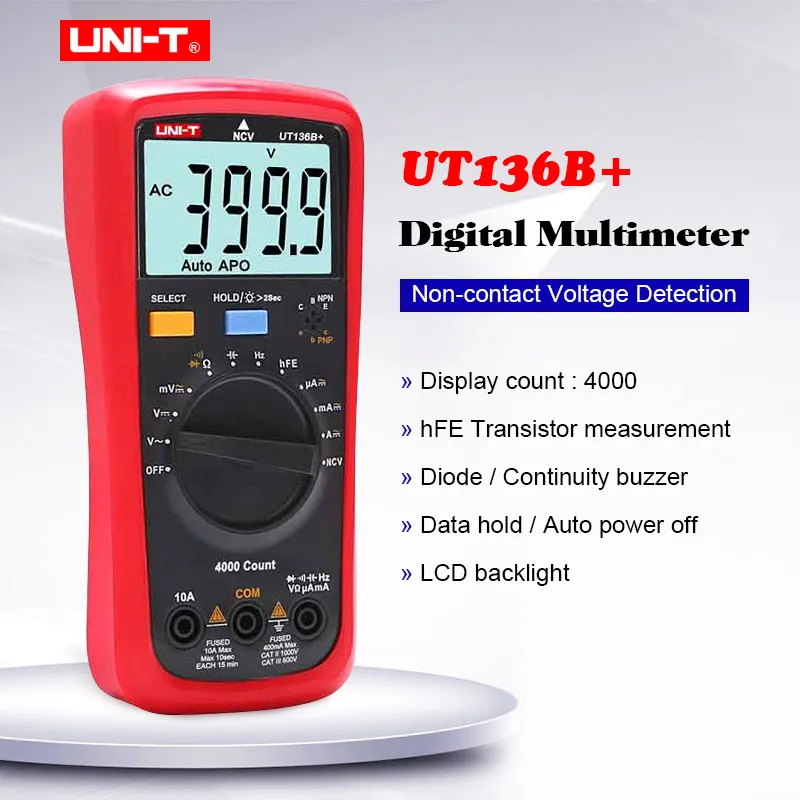 Цифровой мультиметр UNI-T UT136B+ AC DC Вольт измеритель тока; Ом Емкость диод/транзисторный тестер; БЕСКОНТАКТНОЕ Обнаружение напряжения
