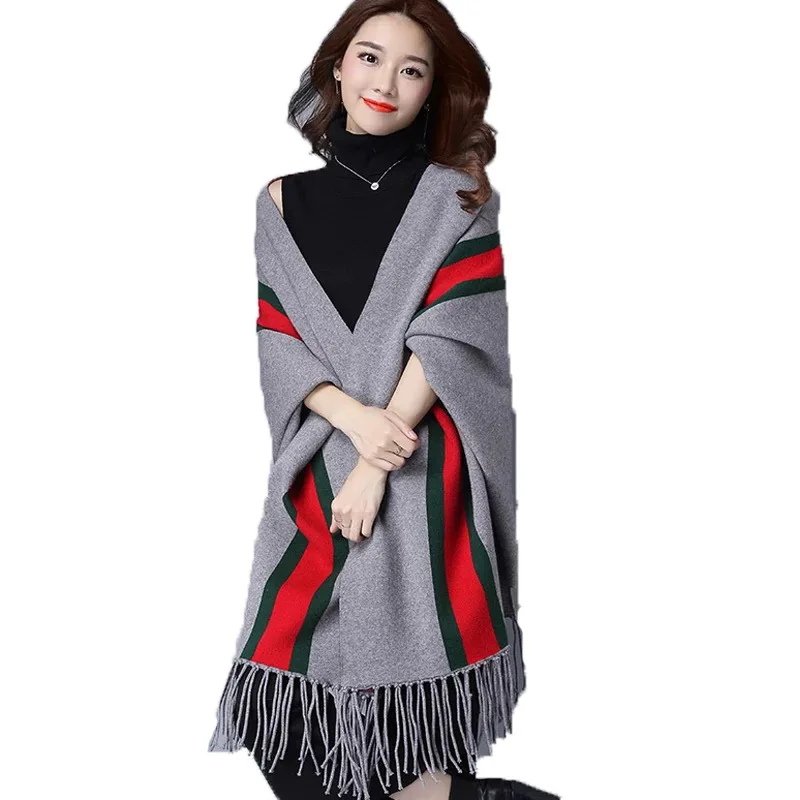 2019 Winter Cashmere Tassel Wraps Classic Striped Knitted Sweater Women Batwing Sleeve Streetwear Cardigans Shawl Cloak Sweaters 2019 Winter Cashmere Tassel Wraps Classic Striped Knitted Sweater Women Batwing Sleeve Streetwear Cardigans Shawl Cloak Sweaters