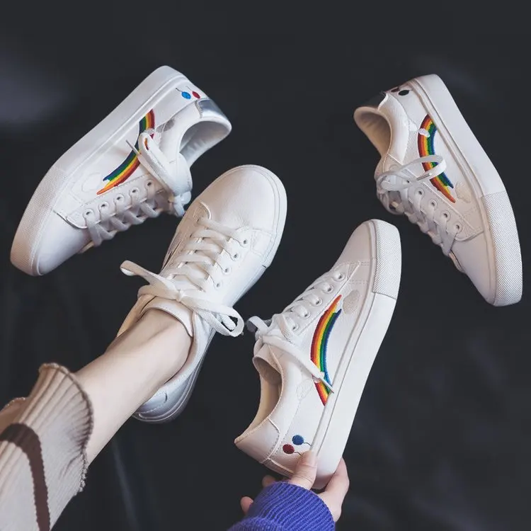 

White Shoes 2019 Spring New Style Korean-style Lace-up round-Toe Flat Top Shoes WOMEN'S Shoes Students Versitile Fashion Casual