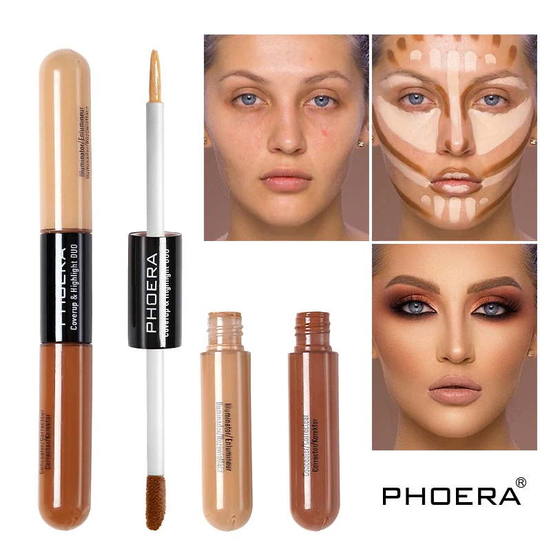 Двухсторонний консилер PHOERA, 2 цвета, жидкий консилер, кремовая основа, длительное осветление контура лица, восстановление контура лица, бронзатор, макияж TSLM1