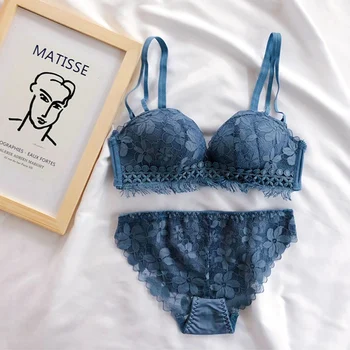 

3Colors Sexy Lace Embroidered Bra Set Gathered Push Up Lingerie Tassels Fashion Solid Women Bra & Brief Sets