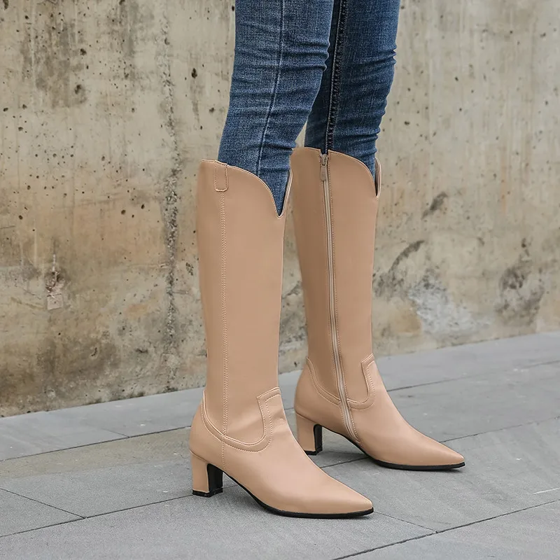 

YMECHIC 2023 Autumn Winter Fashion Western High Heel Boots Black Woman Footwear Mid Long Knight Ridding Boots Cowboy Big Size 42