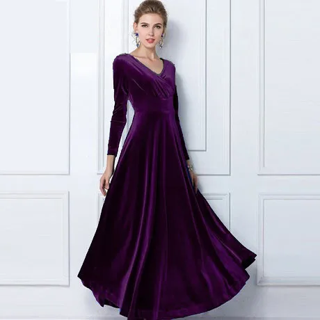 Женское вельветовое длинное платье трапециевидной формы с v-образным вырезом и длинным рукавом, одноцветные Сексуальные вечерние длинные платья, элегантное платье макси размера плюс, vestidos de fiesta - Цвет: Purple