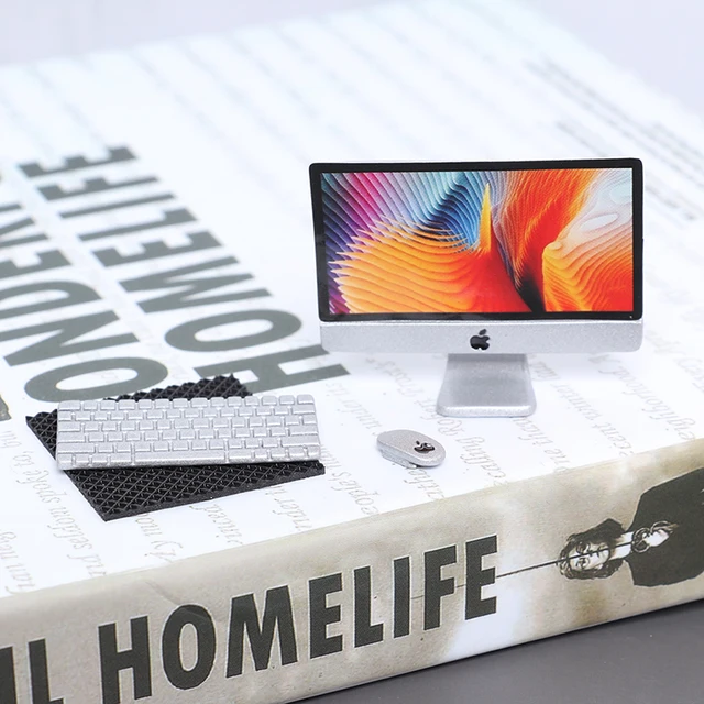 1Set 1/12 Scale Mini Computer + Mouse + Keyboard Book Stationery Model for Miniature Dollhouse Study Room Furniture Accessories 3