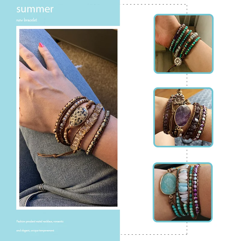 Rh Mode Handma Bohemian Sieraden Boho Armband Gemengde Natuurlijke Stenen Charm 5 Strengen Wrap Armbanden Gift Dropshipping