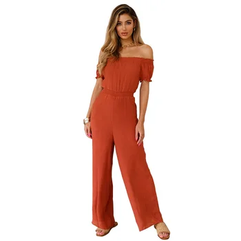 

Casual Jumpsuits Fashion Women Solid Straight Full Length Fashion A Word Shoulder Slim Fit Women Off Shoulder Jumpsuits