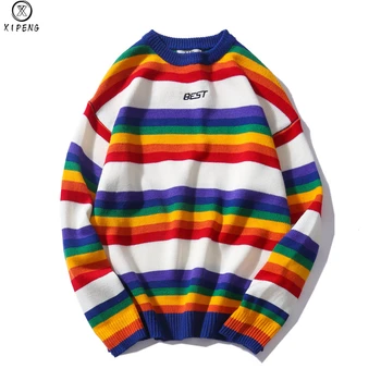 

Harajuku Retro Rainbow Knitted Striped Sweater Mens Hip Hop Pullover Sweater Streetwear Male Fashion Spring 2020 Sweater Cotton