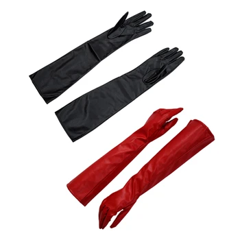 

New 1Pair Women's/Ladies' Long Soft Artificial Leather Gloves Black & 1Pair Red Solid Color PU Leather Long Gloves for Women