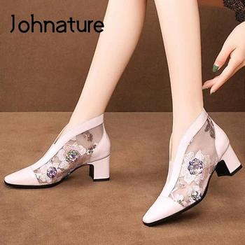 

Johnature Retro Summer Boots Genuine Leather Women Shoes 2020 New Embroider Handmade Bling Mesh Concise Ankle Summer Boots