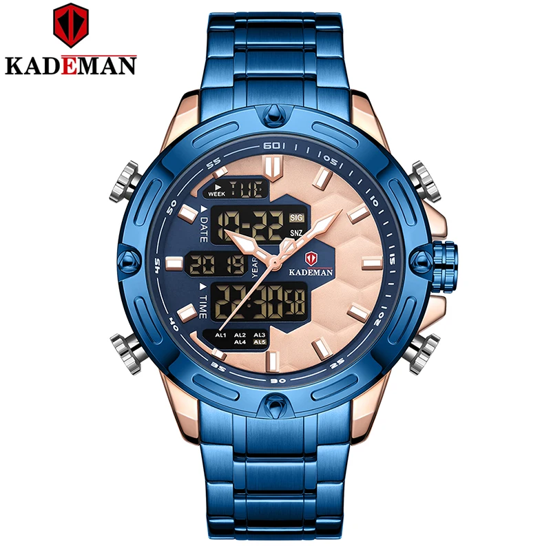 K9070-BE-RG-BE KADEMAN, новинка, спортивные часы для футбола, Роскошные, мужские, модные, полностью стальные, наручные часы, Топ бренд, двойное движение, мужские, t, lcd, мужские часы, Relogio - Цвет: K9070-BE-RG-BE