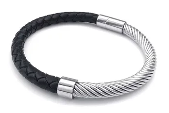 

Jewelry Men's Bracelet, Classic Bracelet, Leather Real Leather Stainless Steel, Black Silver