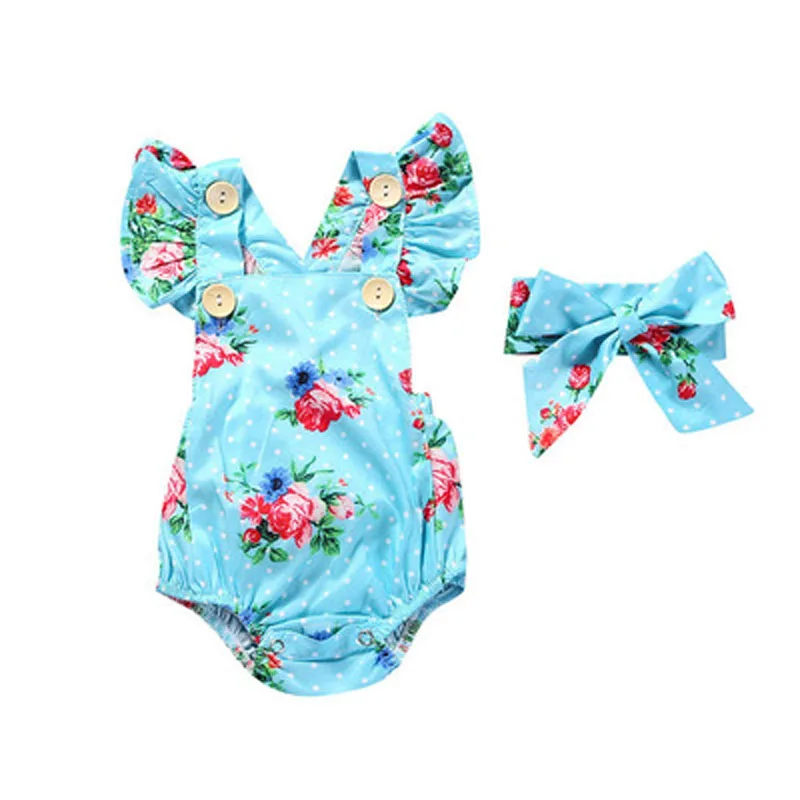 

Girls Cute Clothes Baby Siamese Romper Dress Summer Newborn Blue Flower Clothing Set Children Dress Headband For Girl Gift