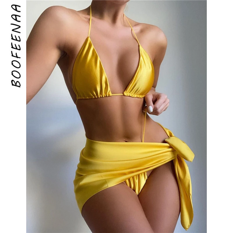 BOOFEENAA-traje de baño de satén para mujer, conjunto de microbikini de 3 piezas con Mini faldas, ropa de playa, trajes de vacaciones, C83-BE10 de verano