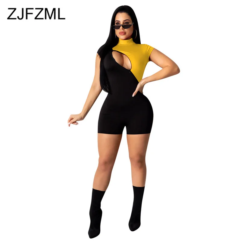 

Color Blocking Sexy Skinny Overall for Women Short Sleeve Front Cut Out Bandage Jumpsuit High Neck Bodycon Short Party Playsuit
