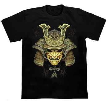 

Japanese Warrior Helmet, Hideously Diabolic Mask T-Shirt Back Print Cross Japanese Samurai Sword Men's Cotton T Shirt