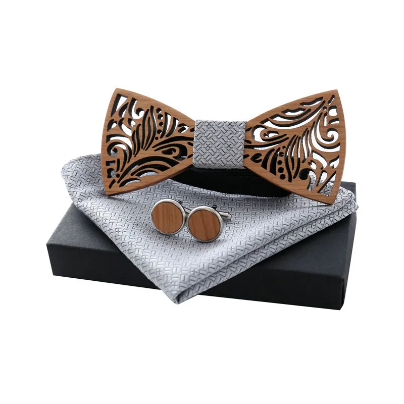 Oeientree, Романтические полые деревянные бабочки-Галстуки, галстук-бабочка с платком, запонки для мужчин, дизайн, Рождественский подарочный набор - Цвет: A10