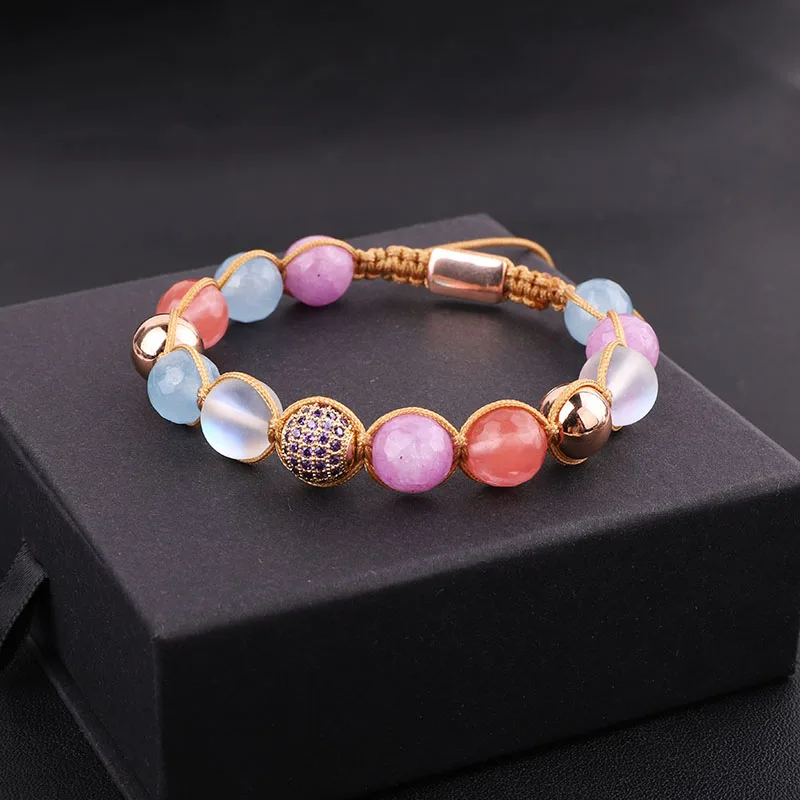 New Design 10mm Colorful Natural Stone Amethyst/Rose Quartz/Jade Beads CZ Pave Charm Friendship Macrame Bracelet Women - Image 5