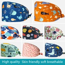 

Cartoon Printed Cotton Scrubs Cap Adjustable Unisex Nurse Hat Veterinary Pet Shop Dentist Hat Working Nursing Cap Lab Uniform