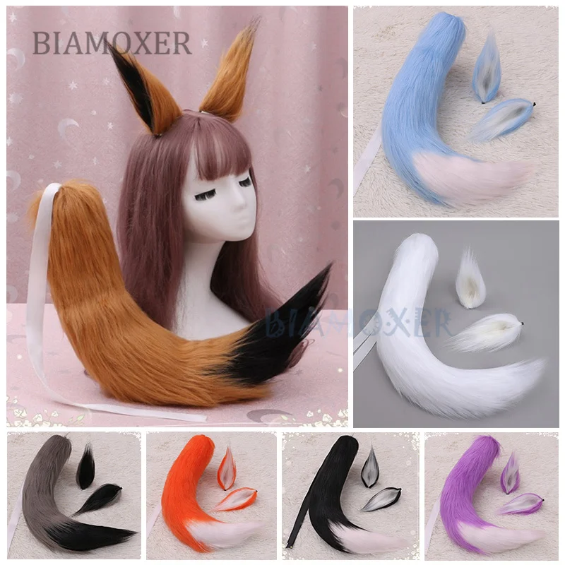 11 Colors Double Ears Long Plush Fox Foxtail Cosplay Gifts Anime Accessories Lolita Blue White cosplay Tails Set | Тематическая