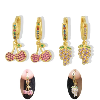 

Colorful Sweet Fruit Earrings Cherry Grape CZ Fashion Cute Ear Piercing Jewelry pendientes dorados pequenos Cherry Drops Earing