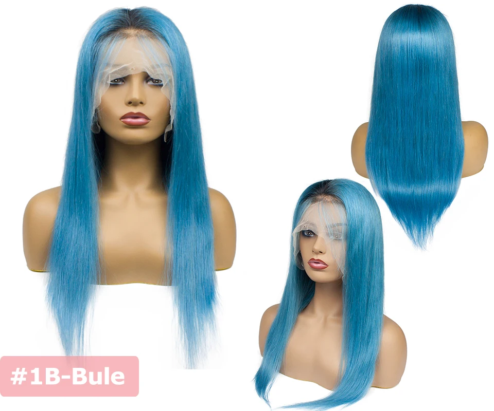 Бразильские Remy прямые волосы Омбре полный парик шнурка цвет полный шнурка человеческие волосы парики с детскими волосами 1"-24" - Цвет: 1b-blue