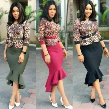 

African Clothes Good Quality Leopard Patchwork Fishtail Dress Fashion Half Sleeve Waist Belt Ruffles Wrap Hip Office Lady Casual