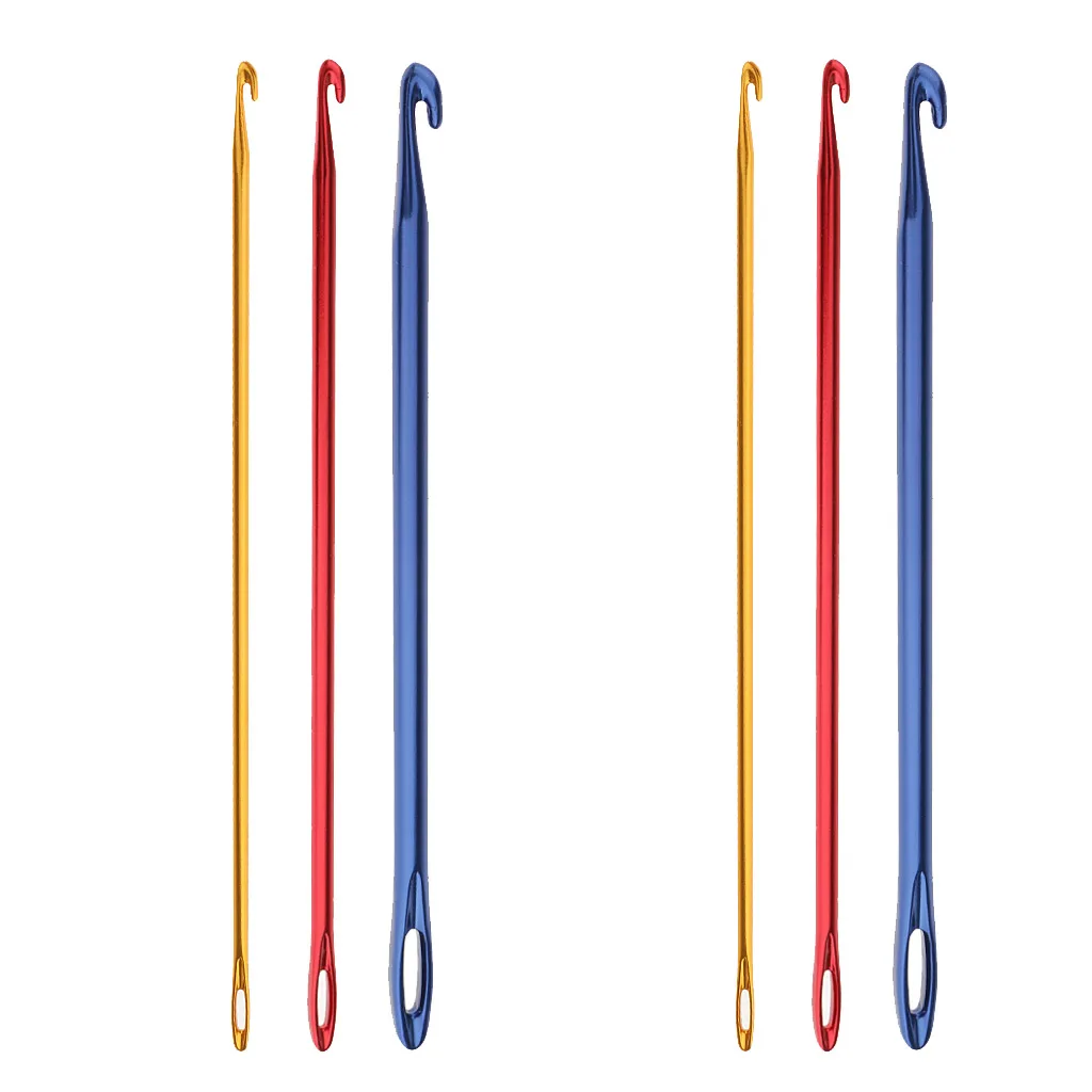 6Pcs Afghan Aluminium Crochet Hook Knitting Needle Hand Knit Tool With Threading Hole