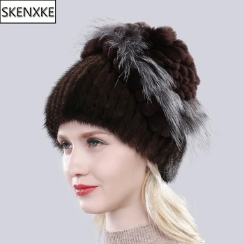 

Winter Lady Luxury 100% Natural Mink Fur Hat Top Fox Fur And Rex Rabbit Fur Cap New Girl Warm Fashion Knitted Real Mink Fur Hats