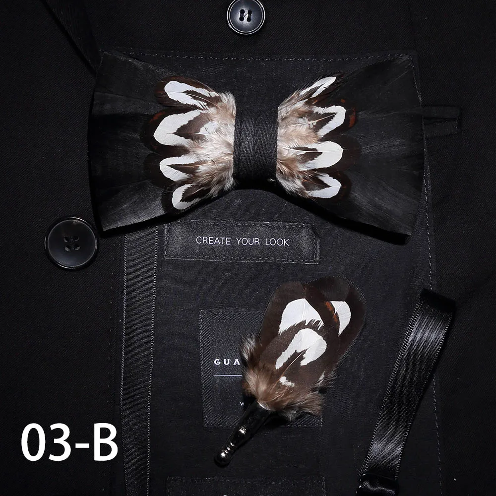Ricnais ручной работы из натурального пера галстук-бабочка набор зеленый черный птица дизайн брошь галстук-бабочка Мужская Свадебная коробка подарок - Цвет: 03-B