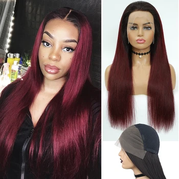 

4X13 Lace Front Human Hair Wigs Ombre Straight Lace Wig 99J Maroon Brazilian Hair Wig For Women Pre Plucked Wig Non-Remy IJOY