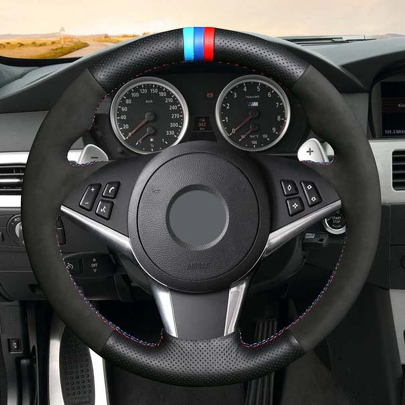 DIY Black Genuine Leather Car Steering Wheel Cover for BMW E64 2004-2010 E60 E61(Touring) 530d E63 2003-2010