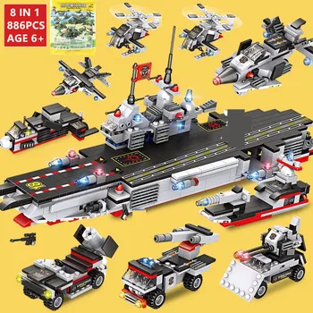 

886Pcs Military Aircraft Carrier ARMY NAVY Warship Building Blocks Sets Technic Brinquedos Bricks Educational Toys for Children