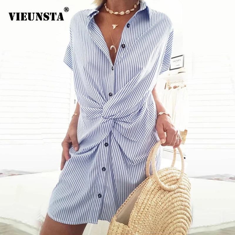 

Summer Stripe Print Button Polo Shirt Dress Women 2020 Spring Turn-down Collar Vintage Party Dress Sexy Twist Short Sleeve Dress