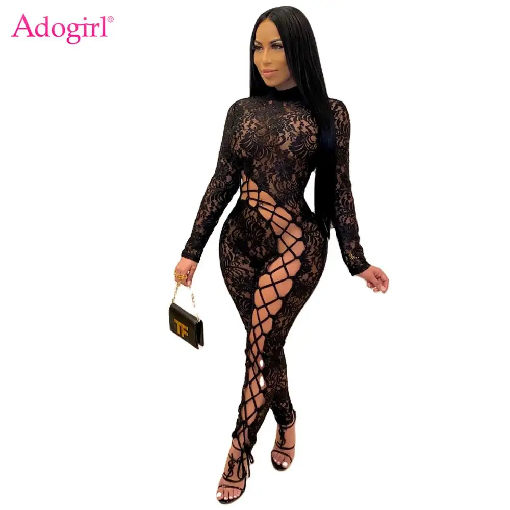 

Adogirl Sexy Lace Patchwork Lace Up Jumpsuit Turtleneck Long Sleeve Hollow Out Tie Slim Romper Autumn Winter Night Club Overall