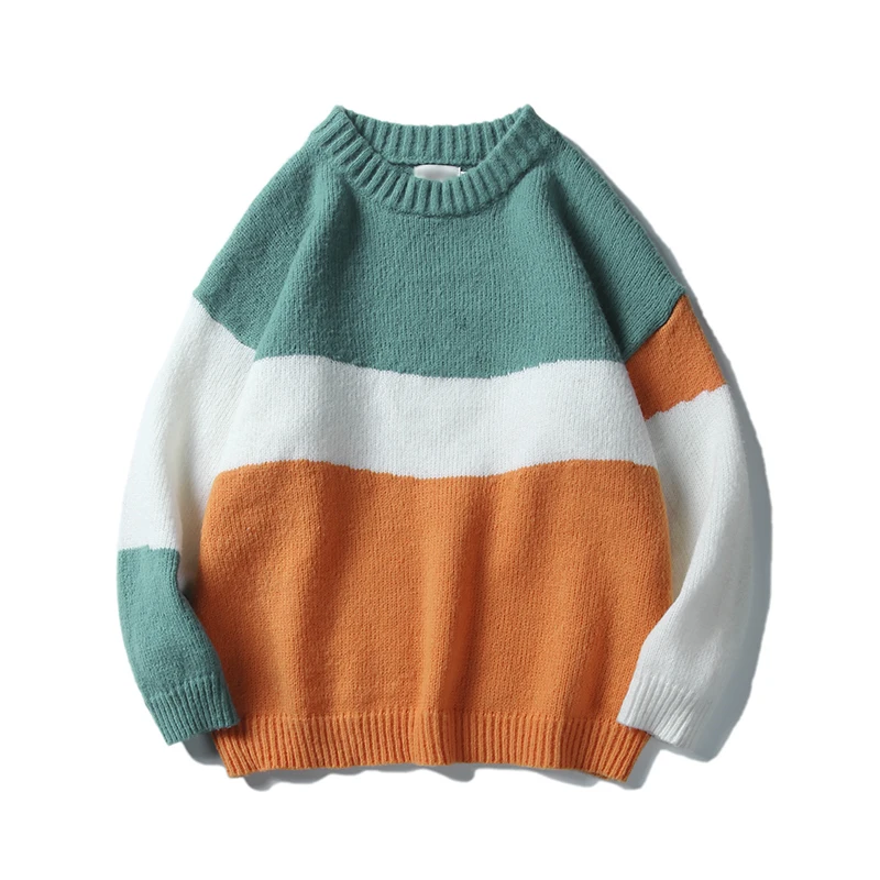 Men Sweater Knitted 2022 Autumn Winter Patchwork Stripe O-Neck Pullover Warm Korean Harajuku Fashion Men Women Oversize Sweaters