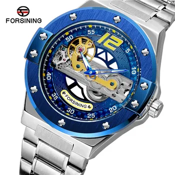 

Forsining Mechanical Men Watch Blue Dial Bridge Transparent Analog Steel Band Wristwatch Waterproof Male Clock Relogio Masculino