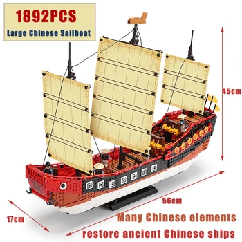 

2020 Large Chinese Sailboat Moc Building Block With Many Chinese Elements Crew Figures Red headed boat Model Brick Toy