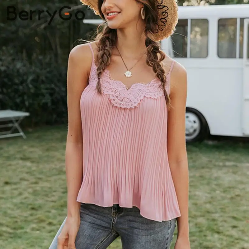 BerryGo Elegant lace embroidery pink tops women Sexy v-neck female camis tank top Summer spaghetti straps ladies tops shirt