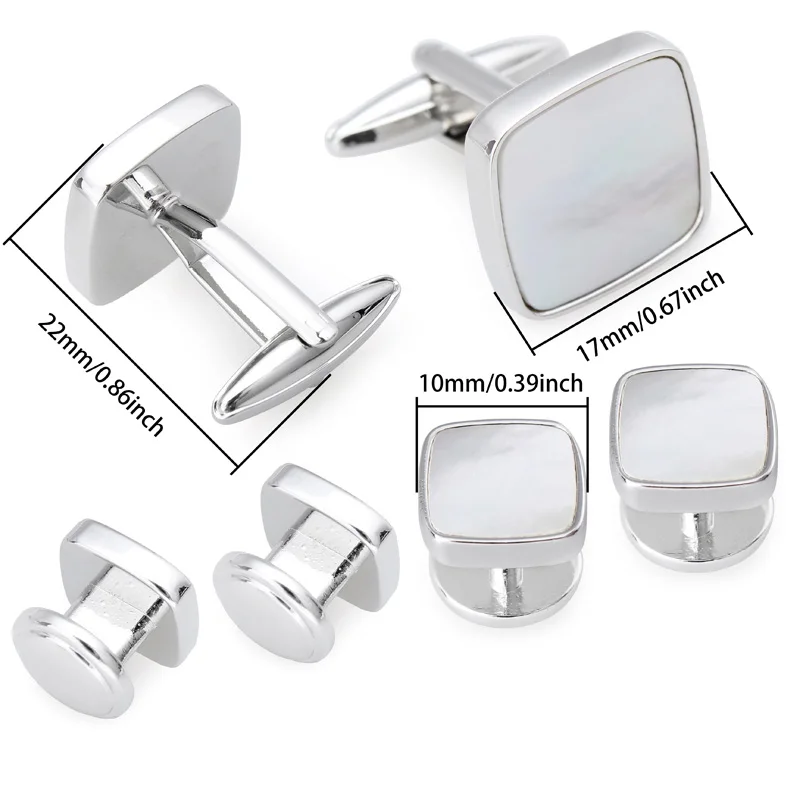 Sterling silver mother of pearl square Cufflinks Tie Clip Box Set