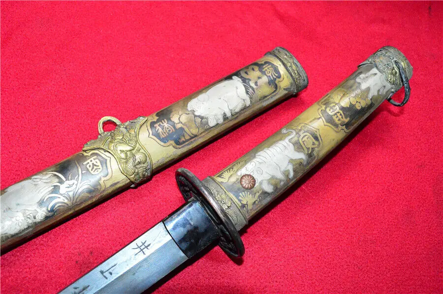 Японский меч Wakizashi катана дамасская сталь лезвие медная оболочка W животное|Мечи|